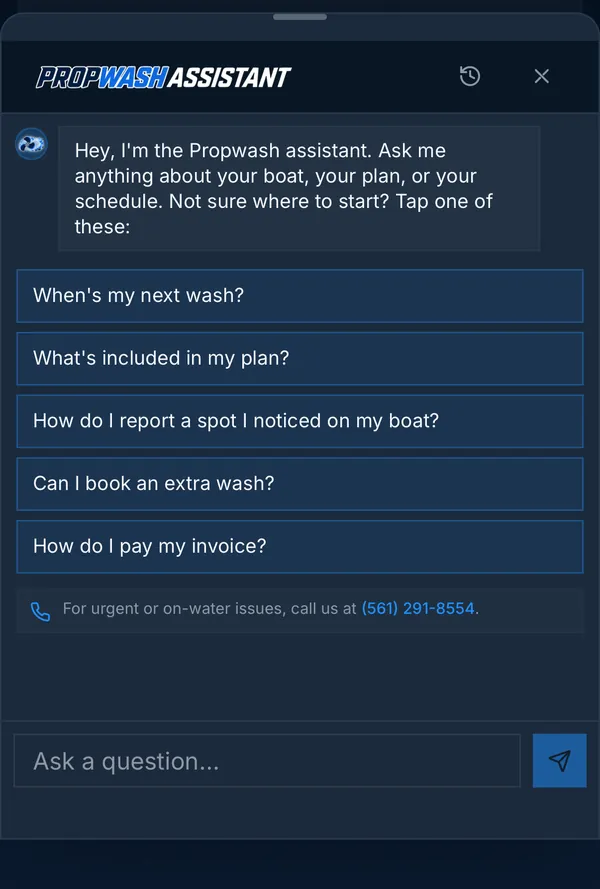 Propwash Assistant panel header and Ask a question field.