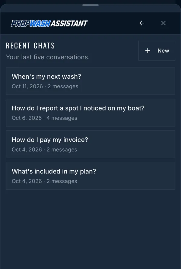 Propwash Assistant conversation history, Recent chats, your last five conversations: When's my next wash? (Oct 11, 2026, 2 messages), How do I report a spot I noticed on my boat? (Oct 6, 2026, 4 messages), How do I pay my invoice? (Oct 4, 2026, 2 messages) and What's included in my plan? (Oct 4, 2026, 2 messages), with a New chat button.