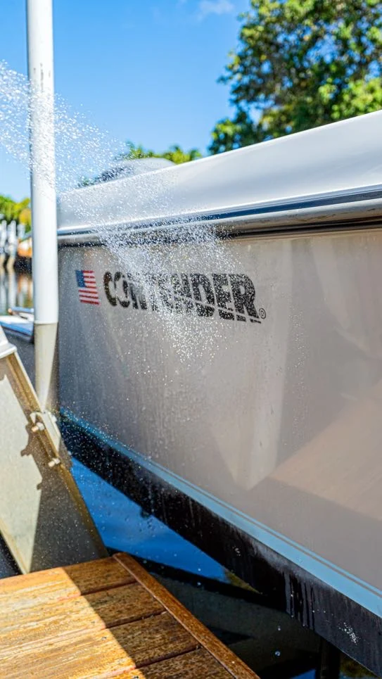 Ceramic-coated boat hull with deep gloss and reflection
